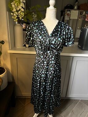 Betsey Johnson 1930s 1940s style Black Midi Dress with Blue-Green Floral Print